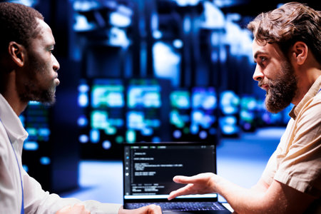 Adept IT developers colleagues writing script code in server hub on laptop terminal. Experienced programmer team doing maintenance work in cloud computing computer business updating racks softwareの写真素材