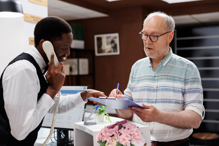 African American concierge answers the telephone, caucasian retired old man signs reservation forms at hotel front desk. While receptionist is on phone call, elderly customer fills out check-in forms.の写真素材