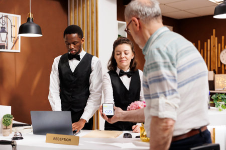 Retired senior male traveler at front desk seamlessly checking in, pays via smartphone in hotel lobby. Friendly concierge at registration counter helps old man with nfc payment using mobile device.の写真素材