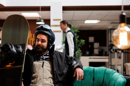 Athletic male traveler seated on couch in hotel lobby looking at his snowboard ready for wintertime leisure sport. Caucasian man waiting in lounge area to go snowboarding in exclusive ski resort.の写真素材