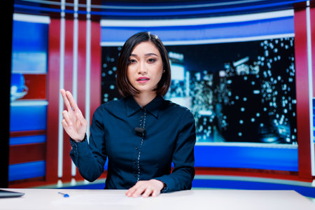 Presenter covering all breaking news topics and latest events occuring internationally, talking about issues in daily newscast reportage. Newscaster addressing celebrity drama in studio.の写真素材