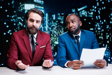Team of presenters addressing latest news and events from around the world, discussing about newscast information regarding public interest matters. Diverse journalists night show hosts on tv.の写真素材