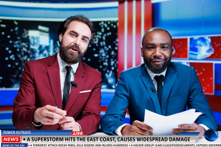 During daily events segment, reporters delivered superstorm news detailing natural calamity on shoreline. On live televised transmission, journalists team reporting storm as weather forecast.の写真素材