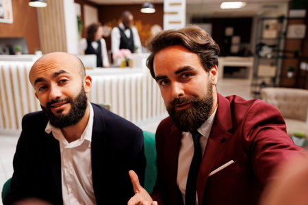 POV of business partners on videocall discussing about new partnership with bosses, lounge area telework online connection. International representatives working on creating collaboration.の写真素材