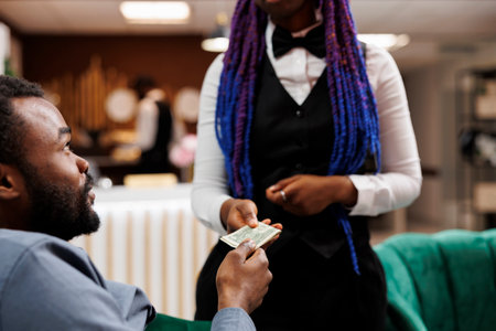 Young African American man hotel guest giving cash to waitress while relaxing in lobby, ordering food and drinks, tipping hospitality staff while resting at resort. Tipping behaviour in hospitalityの写真素材