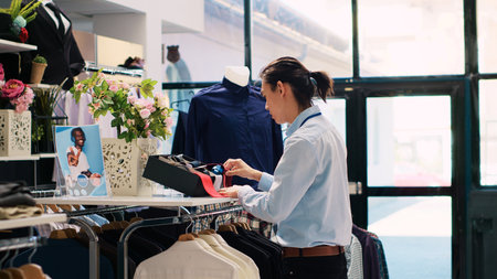Asian store employee arranging trendy accessories, putting fashionable tie on shelf, working at modern boutique visual. Stylish man checking formal wear items in shopping mall. Fashion conceptの写真素材
