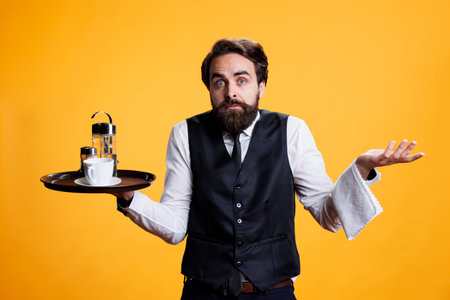 Unsure restaurant butler raise shoulders, doing i dont know gesture on camera with platter in hand. Employee feeling doubtful and clueless in studio, shurgging and being uncertain.の写真素材