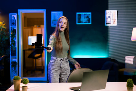 Girl holding selfie smartphone camera, filming herself doing room tour to viewers watching her online content. Teenager doing POV style video presenting her home to social media channels fansの写真素材