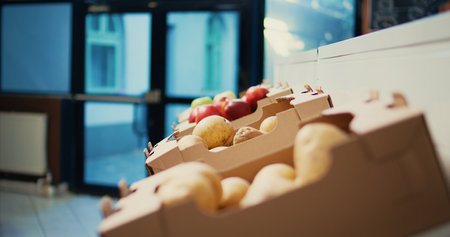 Natural ripe fruits and vegetables in farmers market crates, local farming small business. Freshly harvested organic produce on supermarket shelves with bio products. Handheld shot. Close up.の写真素材