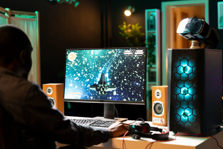 African american player at home shooting asteroids in spaceship flying singleplayer game with...