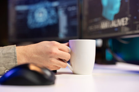 Man at home enjoying hot beverage, witnessing AI becoming sentient, asking questions about itself....