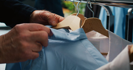 Elderly client checking all clothes placed on display at showroom, browsing through hangers to find items on discount. Senior man shopping for elegant shirts and suit jackets. Close up. Camera B.の写真素材