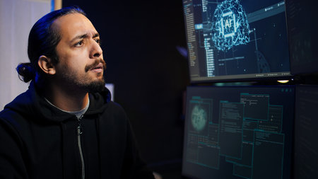 Hacker using AI machine learning to find unpatched connections and steal data. Close up shot of scammer using artificial intelligence to compromise digital devices and illegally gaining info, camera Bの写真素材