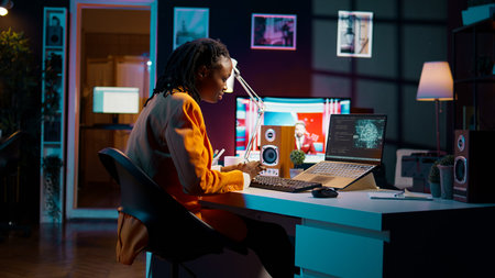 African american girl uses artificial intelligence software for machine learning and cloud...