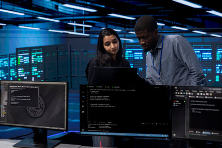 Technicians in data center using diagnostic tools such as event logs and system monitoring software to identify the root cause of malfunctions. Coworkers in server room fixing equipment togetherの写真素材