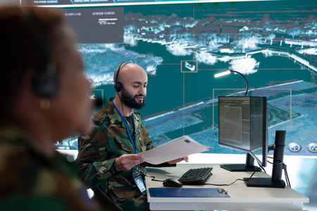 Skilled IT engineer monitoring satellite CCTV footage recorded on computer and big screen in military command post. Army trooper working in the reconnaissance division for information.の写真素材