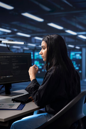 Worker checking for signs of imminent failure in data center establishment gear. Indian woman...