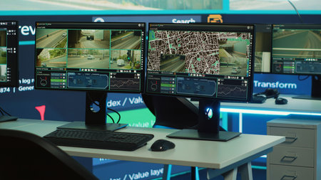 Empty agency office works on traffic surveillance with CCTV security system, public safety monitoring. Observation room with computers and a big screen deals with radar and satellite reconnaissance.の写真素材