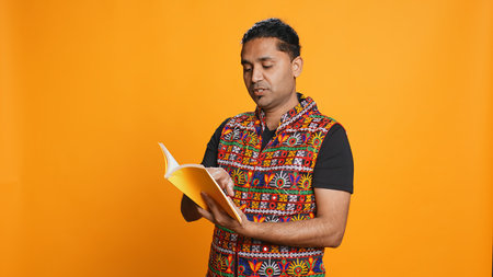 Indian man reading book, having fun and enjoying characters and plot, isolated over studio background. Relaxed person browsing novel, enjoying leisure time, appreciating literature, camera Bの写真素材