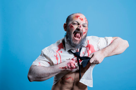 Portrait of dangerous zombie screaming and ripping clothes, ready to attack and eat brains. Powerful undead monster yelling, becoming feral, tearing shirt, studio backgroundの写真素材