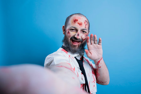POV of flesh eating zombie with creepy smile taking selfies, waving towards camera. Portrait of cheerful corpse covered in blood doing photos, doing greeting gesturing, studio backgroundの写真素材