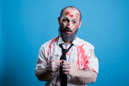 Portrait of man dressed as frightening bloody zombie for Halloween event, wearing gore cosmetics. Person imitating rotten dead creature covered in blood and wounds, isolated over studio backgroundの写真素材