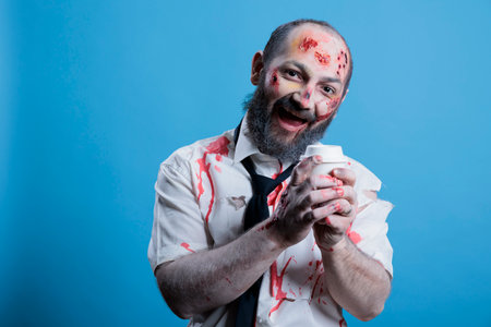 Junkie laughing like maniac after finally drinking coffee and getting his fix. Businessman happy after getting caffeine, suffering from dependence, looking like zombie without it, studio backgroundの写真素材