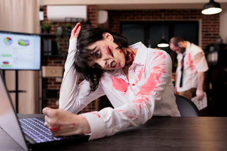 Woman hitting her head in frustration from too much work, typing on laptop, looking like zombie from lack of sleep. Employee covered in scars exhausted after being overworked, capitalism slave conceptの写真素材