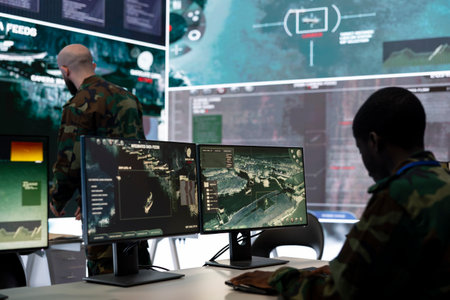 Trooper examines surveillance radar CCTV imagery in control center, monitoring the deployed infantry unit during an ongoing investigation. Army conscript works in reconnaissance division.の写真素材