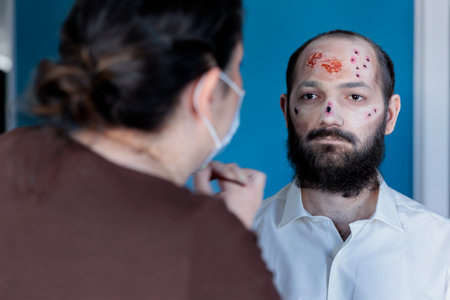 Man in studio getting prepared for thriller slasher movie shooting. Actor getting ready for undead monster zombie role with makeup artist applying scary cosmetics, blood wounds and pale faceの写真素材