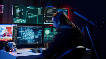 Hacker drinking coffee while running artificial intelligence spyware software designed to gather...