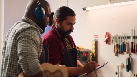 Carpenter and colleague looking over technical schematics, brainstorming ideas for wooden object. Master and apprentice analyzing blueprints to execute furniture assembling project, camera Aの写真素材