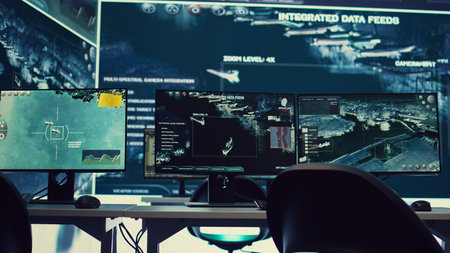 Federal agency command center equipped with surveillance and satellite system overseeing threats or danger on a world map. Military control room headquarters with a dashboard.の写真素材