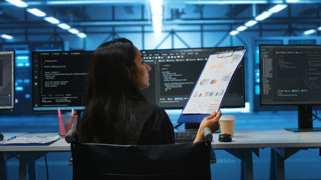 Person with paraplegia in server hub workplace doing inspection on electronics, reading files. Wheelchair user at work looking over paperwork, verifying infrastructure documents, doing auditの写真素材