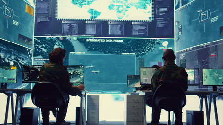 Privates team operates on radar systems to detect and track enemy aircraft or missiles, national safety within their department. Analyze weather conditions to protect planned operations. Camera B.の写真素材