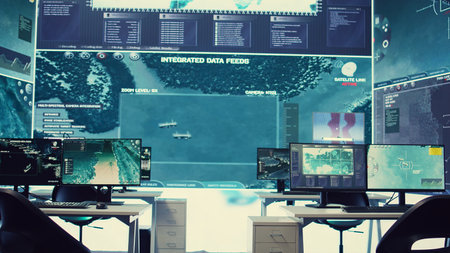 Empty military drone control headquarters employing CCTV radar footage to follow satellite and ensure national safety. Federal agency intelligence and reconnaissance system in command center.の写真素材