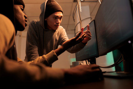 Internet criminals discussing computer system hacking, cyberattack. Hackers in hoodies coding password cracking pogram, scammers programming malicious software at night timeの写真素材