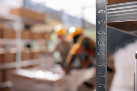 Selective focus of warehouse shelves full with carton boxes, in background diverse team working at inventory report, checking customers online orders. Storehouse employees preparing packagesの写真素材