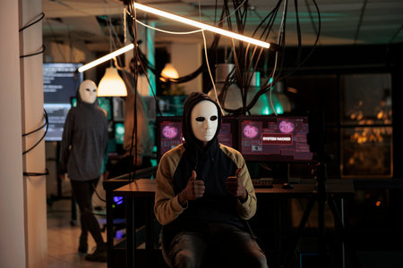 Cybercriminal in mask hacking computer password to steal information, breaking into online server. Anonymous hacker attacking database and committing cyberattack late at night.の写真素材