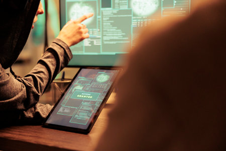 Hackers gettng access to important database online on computer network, planting virus to create...