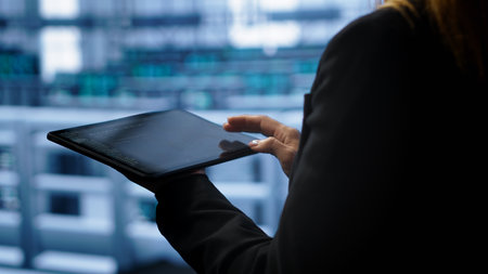 System administrator monitoring server room, doing checkup, inputting data on tablet of needed fixes. IT support employee working in data center facility housing storage rackmounts, camera A close upの写真素材