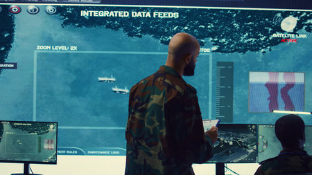Army officer examining real time satellite data on big screen in military power base, gather intelligence on enemy vessels trajectory. Federal defense program specialist commanding troops. Camera B.の写真素材