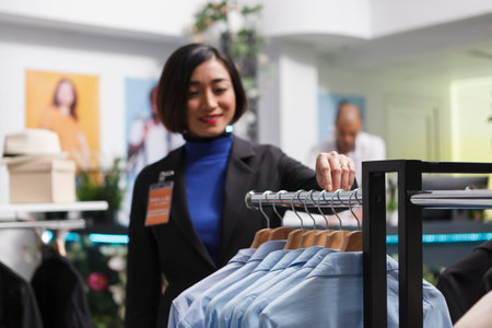 Clothing store smiling asian woman seller counting shirts hanging on rack while managing apparel inventory. Department center boutique worker checking merchandise on hangersの写真素材
