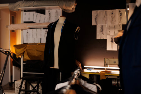 Fashion design sketch drawings of premium quality bespoken sartorial collection on tailoring studio walls. Luxury atelier shop with stylish elegant clothing on mannequinsの写真素材
