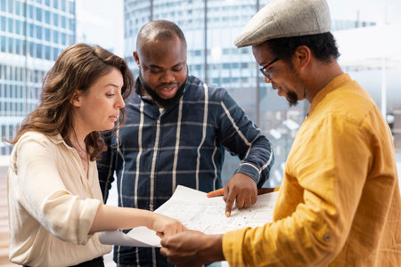 Business partners touring an office space with realtor and layout plans, focusing on architectural blueprints and planning a property investment. Realtor evaluating modern high class building.の写真素材