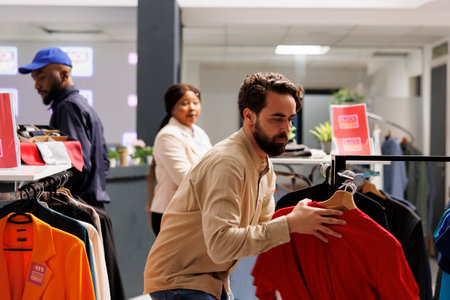 Stressed anxious young guy customer grabbing discounted fashion items while shopping at outlet store, shopaholic man shopper hunting for bargains during seasonal sales. Black Friday and Cyber Mondayの写真素材