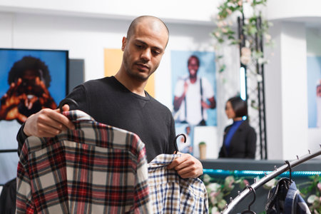 Young arab man comparing two plaid shirts style while shopping for garment in clothing store. Mall boutique client holding casual apparel on hangers and examining size before buyingの写真素材