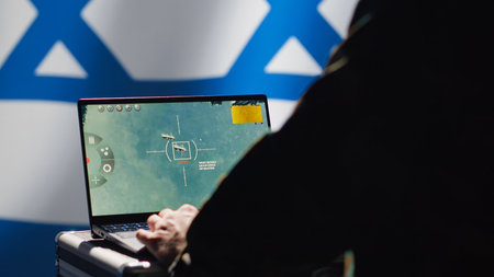 Iranian spy in control room uses military tech to identify threats during Arab Israeli conflict. Mossad intelligence agent uses software to relay info to generals on war front line, camera Aの写真素材