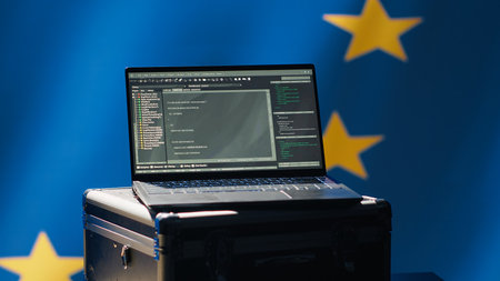 European Union intelligence agency using laptop to protect against mass propaganda tools affecting elections. EU security service engaging in psychological operations using device, camera Aの写真素材