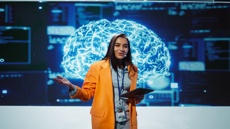Happy speaker doing presentation at tech conference, explore ways emerging AI technologies can positively enhance companies workforce. Presenter promoting artificial intelligence solutions, camera Bの写真素材